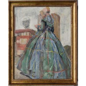 Jean Maxence "woman In A Blue Dress" Oil On Cardboard 46x38